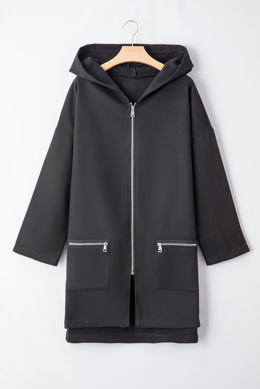 Black Solid Color Casual Zipper Hooded Jacket