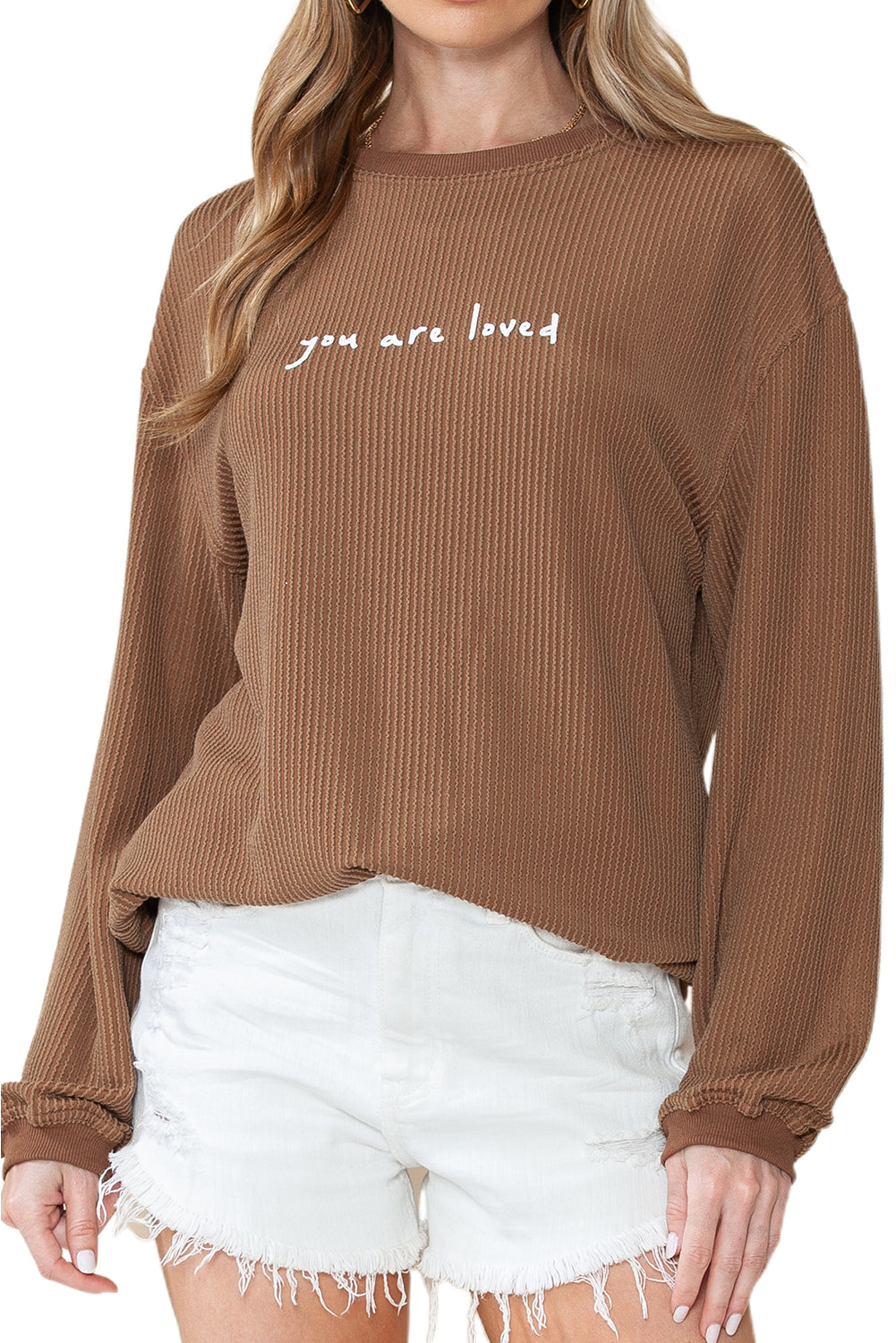 Khaki You Are Loved Print Crinkle Rib Sweatshirt