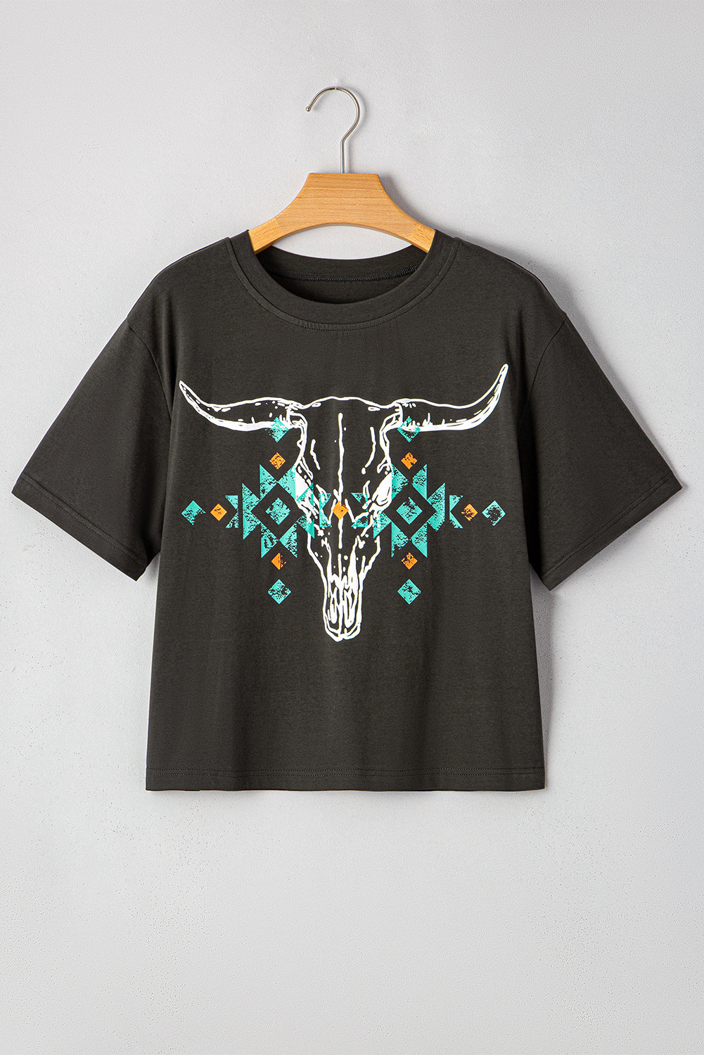 Carbon Grey Vintage Bull Head Skull Turquoise Geometric Graphic T Shirt