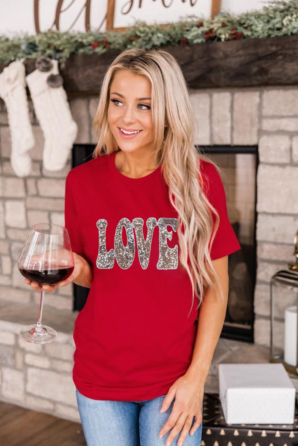 Red Valentine Sequined LOVE Letter Graphic Tee