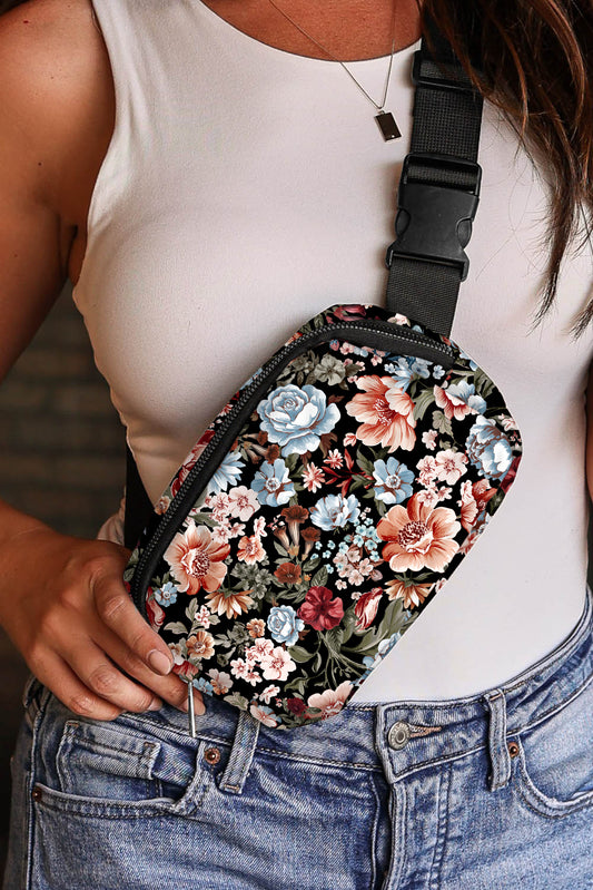 Black Floral Zipper Crossbody Bag