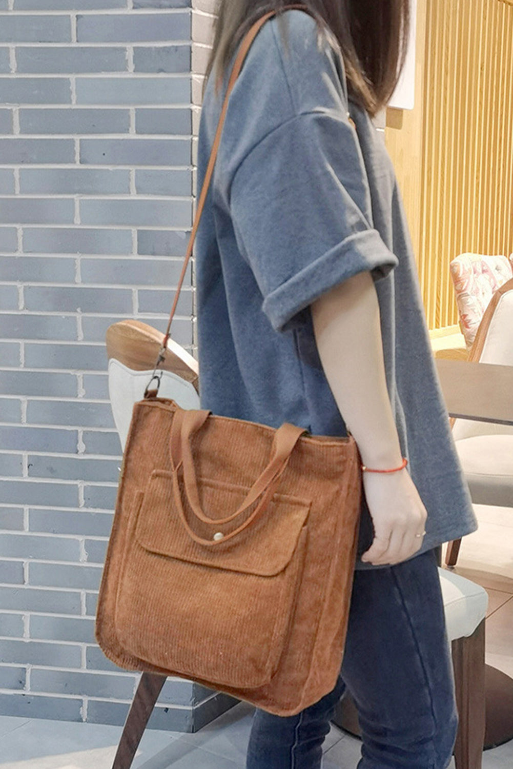 Chestnut Detachable Shoulder Strap Versatile Corduroy Tote Bag