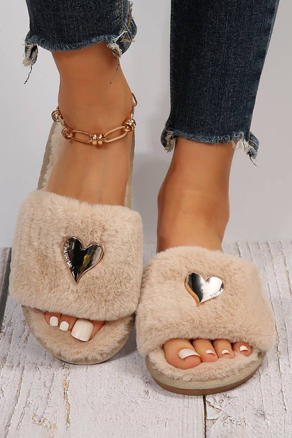 Black Heart Open Toe Plush Slippers