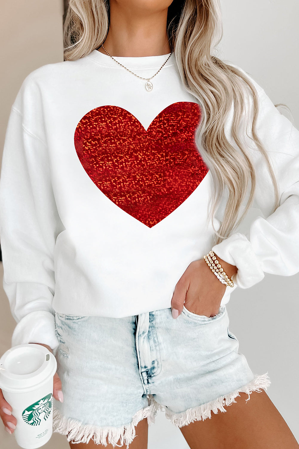 Beige Glitter Valentine Heart Graphic Sweatshirt