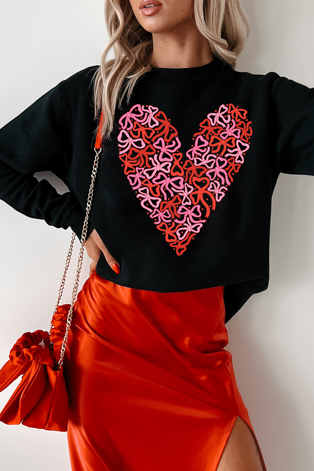 Black Bowknot Heart Printed Crewneck Valentines Sweatshirt