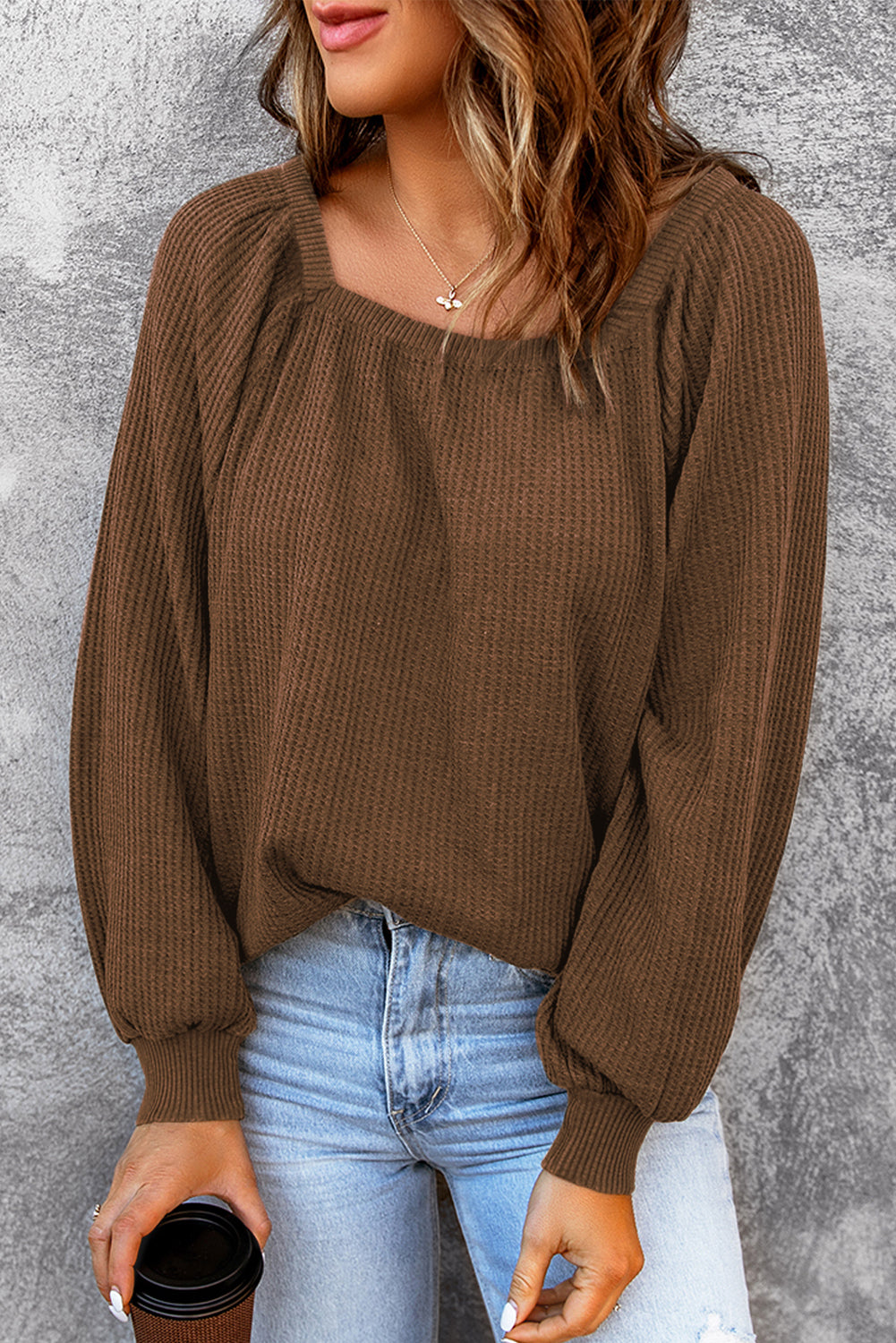 Brown Waffle Texture Casual Square Neck Pullover Top