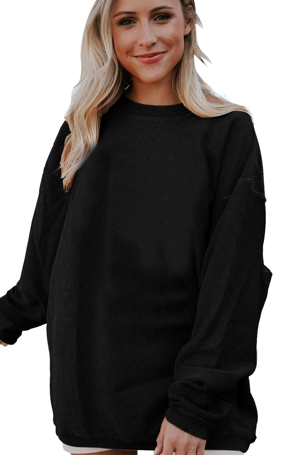 Black Solid Color Crinkle Rib Oversized Sweatshirt