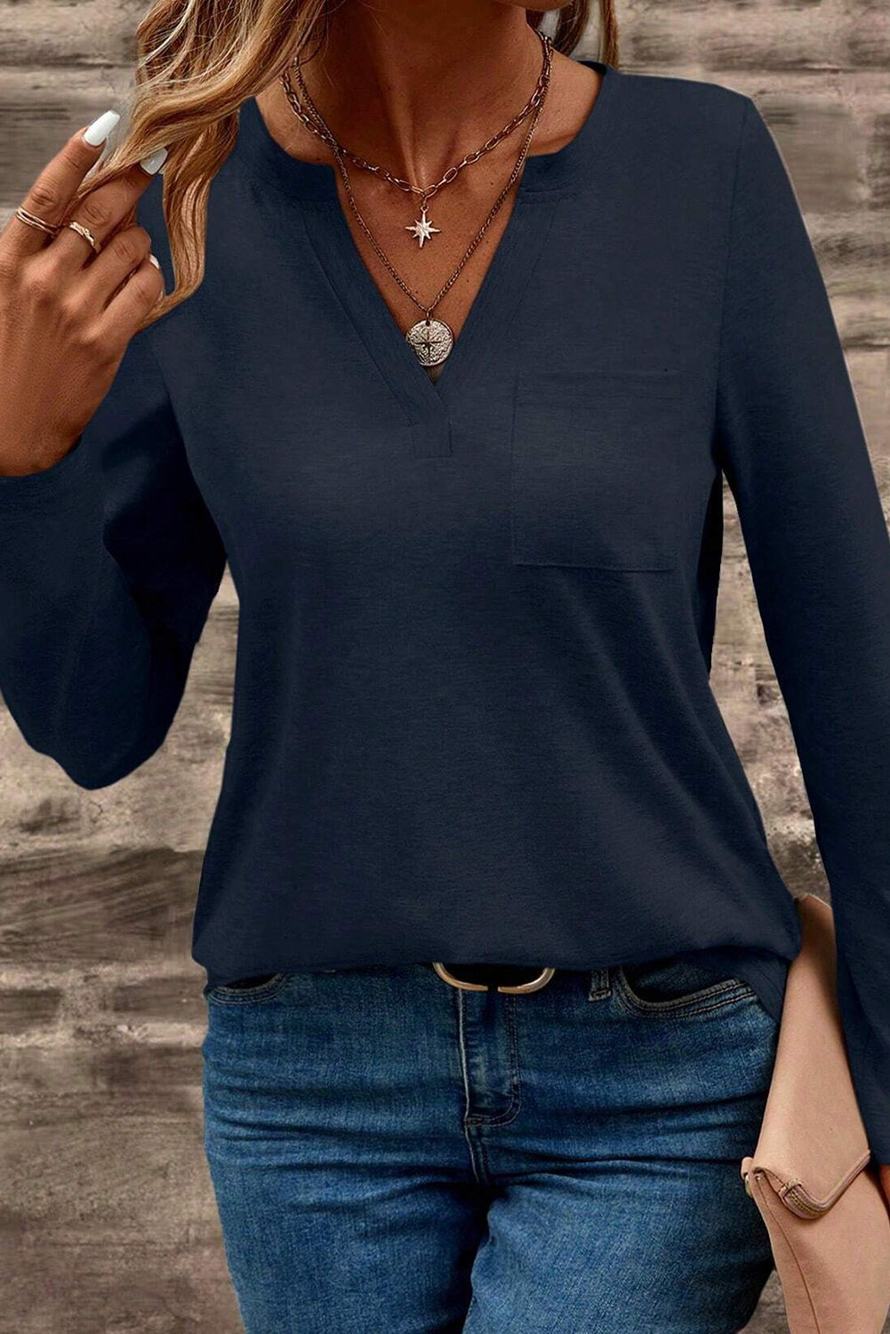 Dirty Blue Pocketed Notch V Neck Plain Top