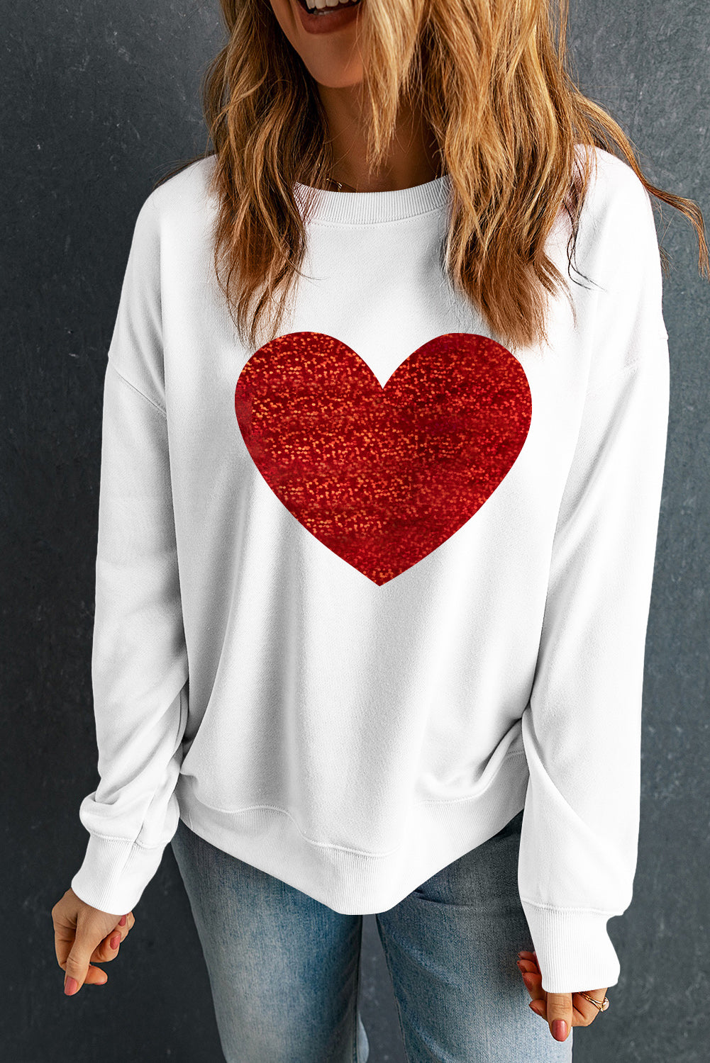 Beige Glitter Valentine Heart Graphic Sweatshirt