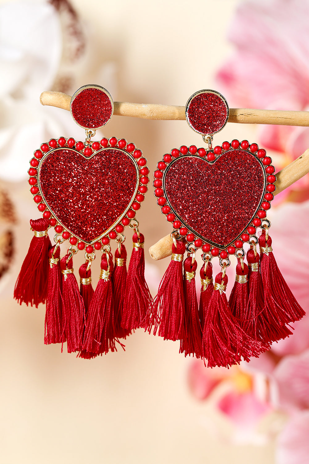 Light Pink Glitter Heart Shaped Tassel Valentine Earrings