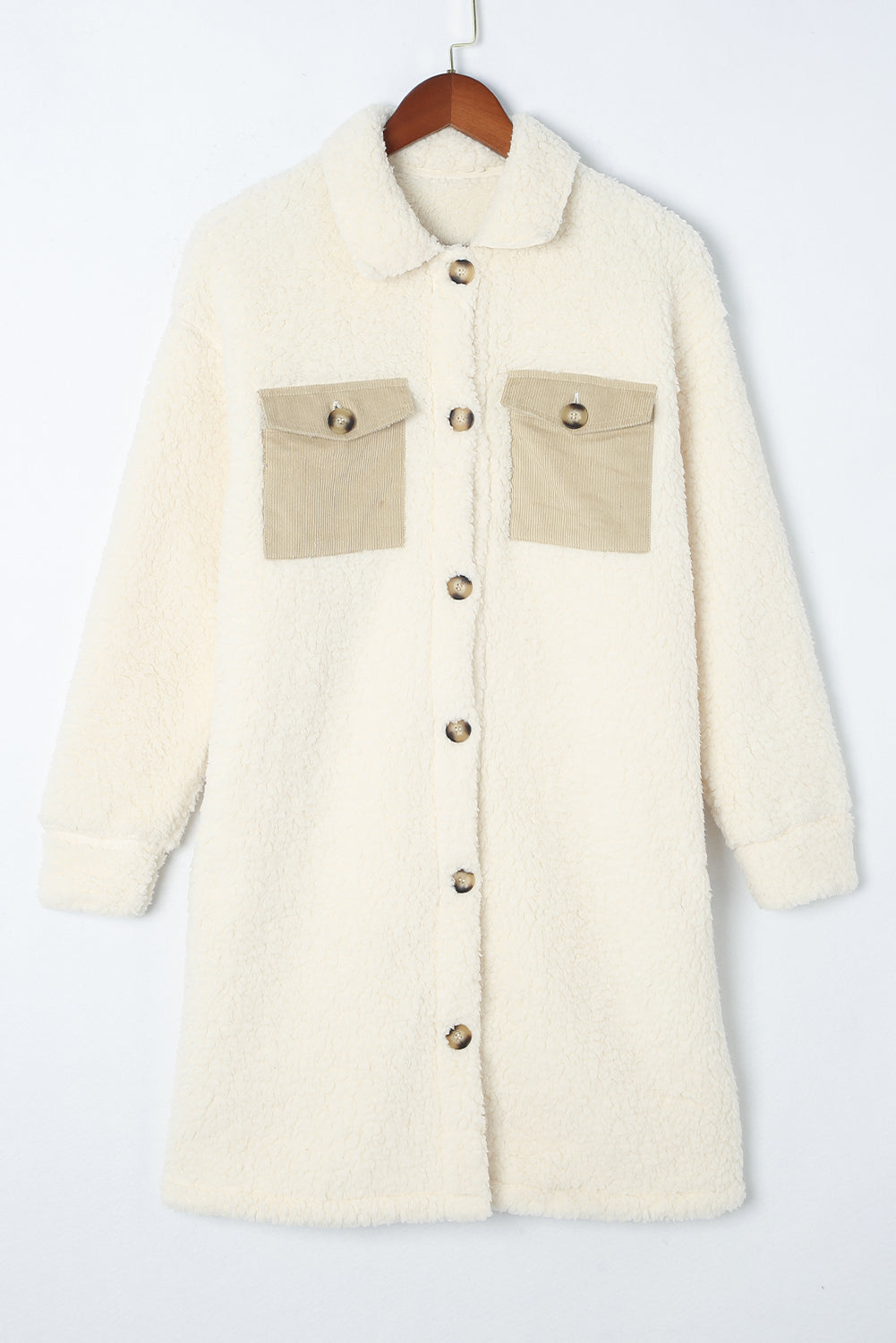 Blue Contrast Flap Pocket Single Breasted Teddy Coat