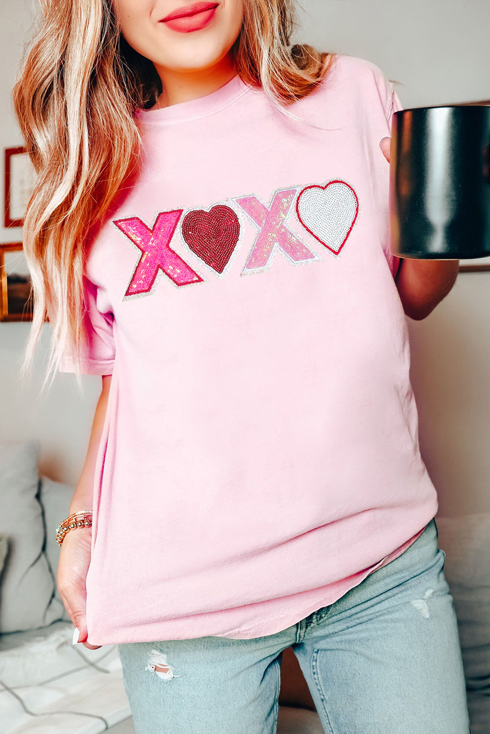 Pink Sequin Heart XOXO Patched Graphic Valentines T Shirt