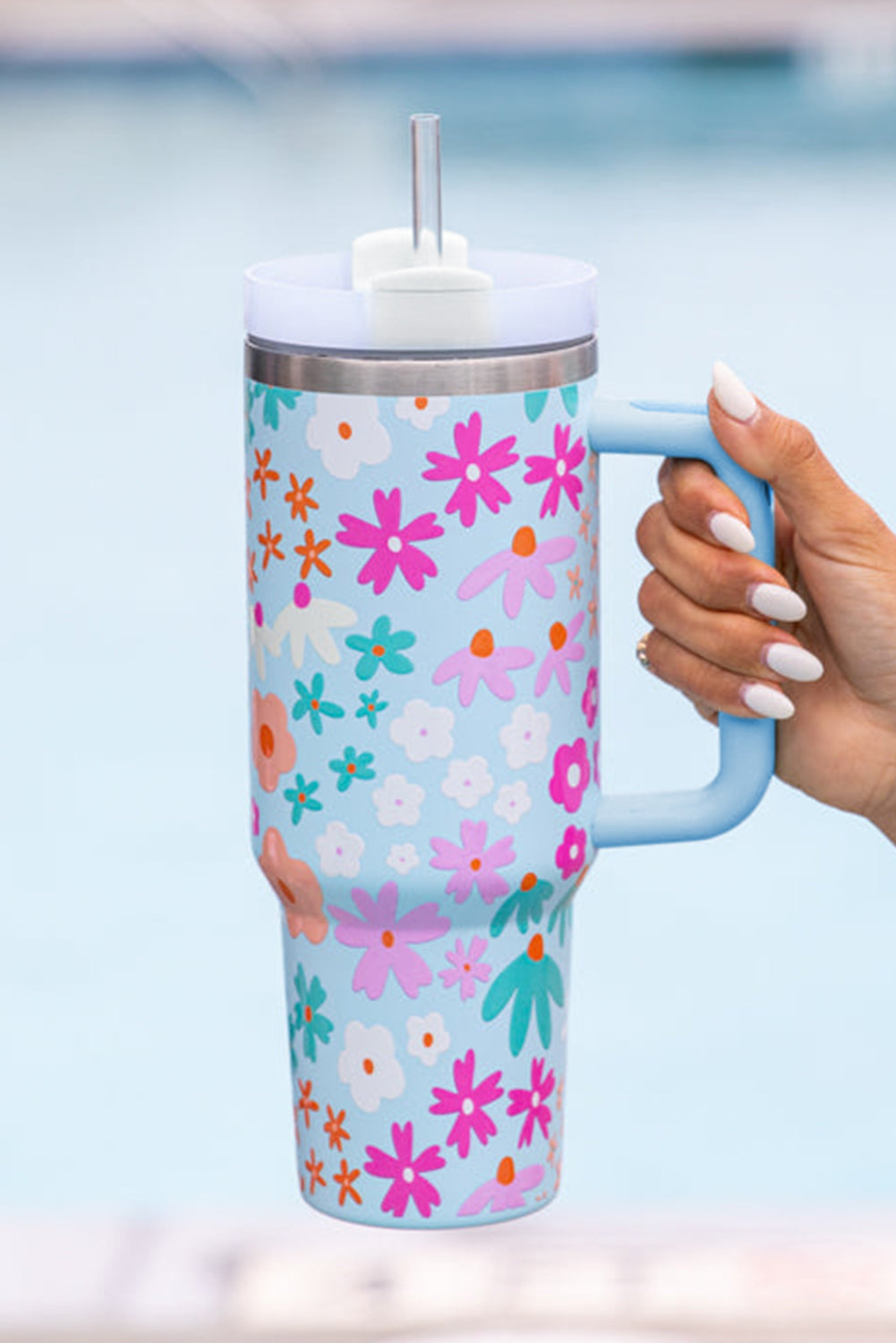 Tasse à anse avec paille et imprimé floral mignon Beau Blue, 40 oz