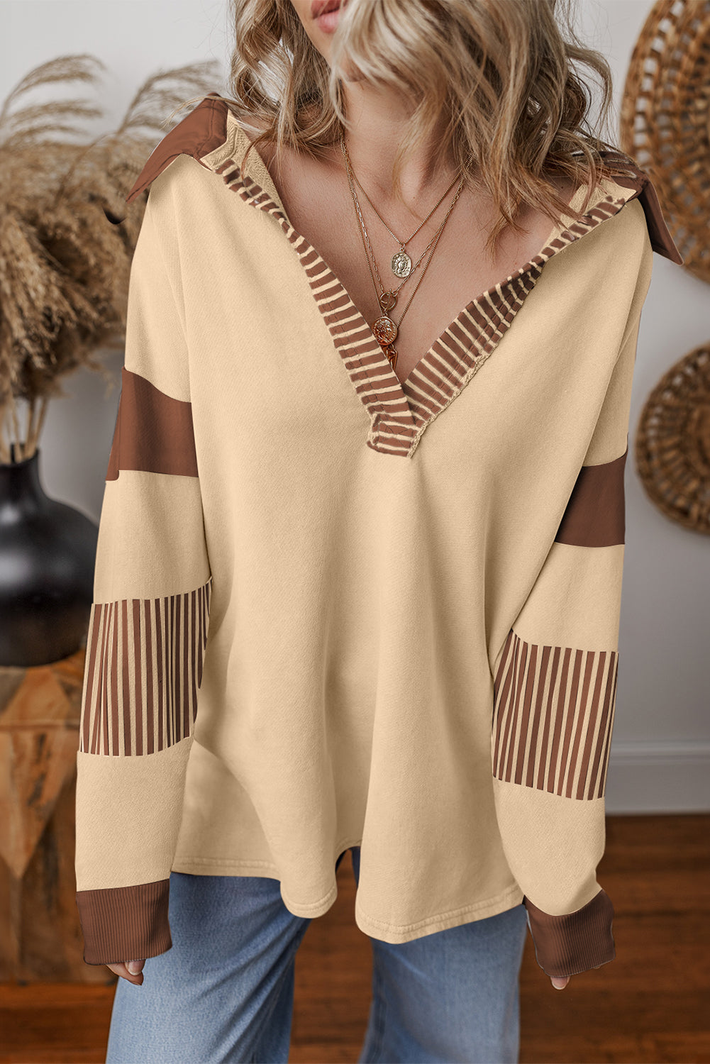 Black Striped Patchwork Collar Sweatshirt