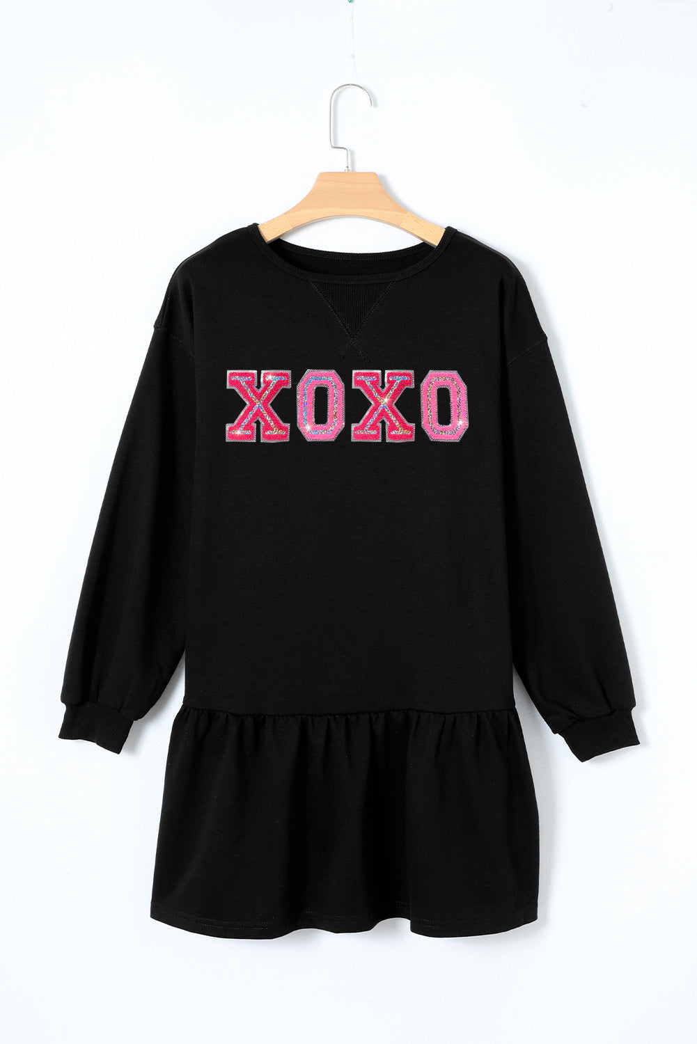 Black XOXO Valentine Graphic Ruffled Sweatshirt Mini Dress