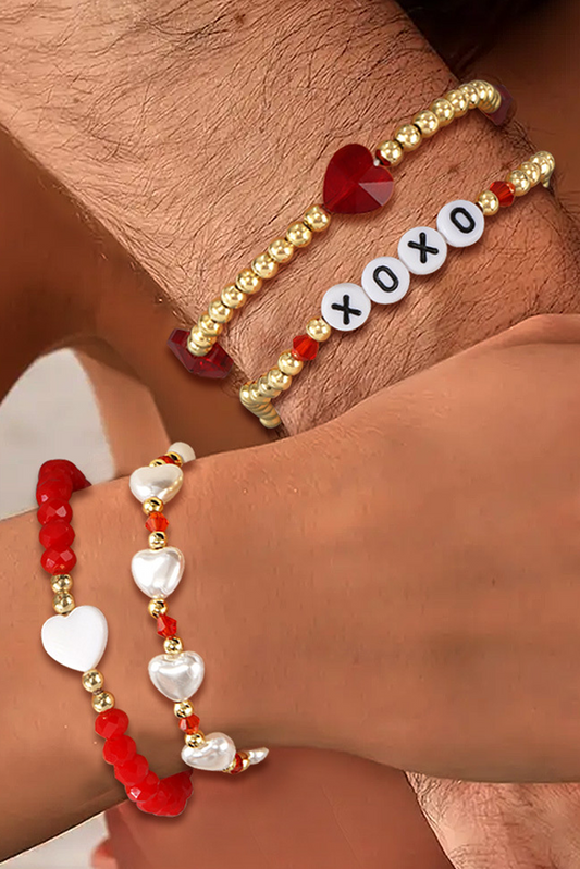 Fiery Red Beaded XOXO Heart Valentine Bracelet Set