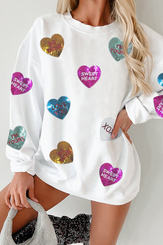 White Letter Sequin Heart Graphic Valentines Corded Crewneck Sweatshirt