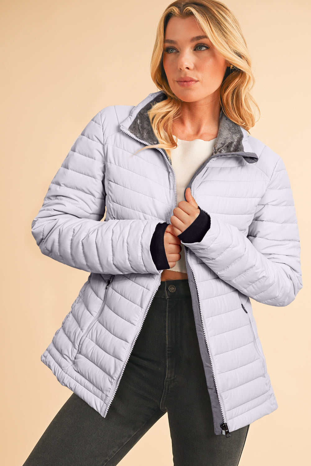 Silvery Solid Color Quilted Zip-up Puffer Jacket