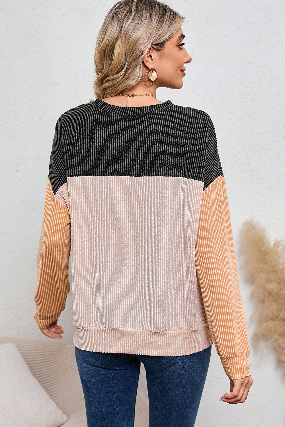 Black Ribbed Color Block Long Sleeve Top