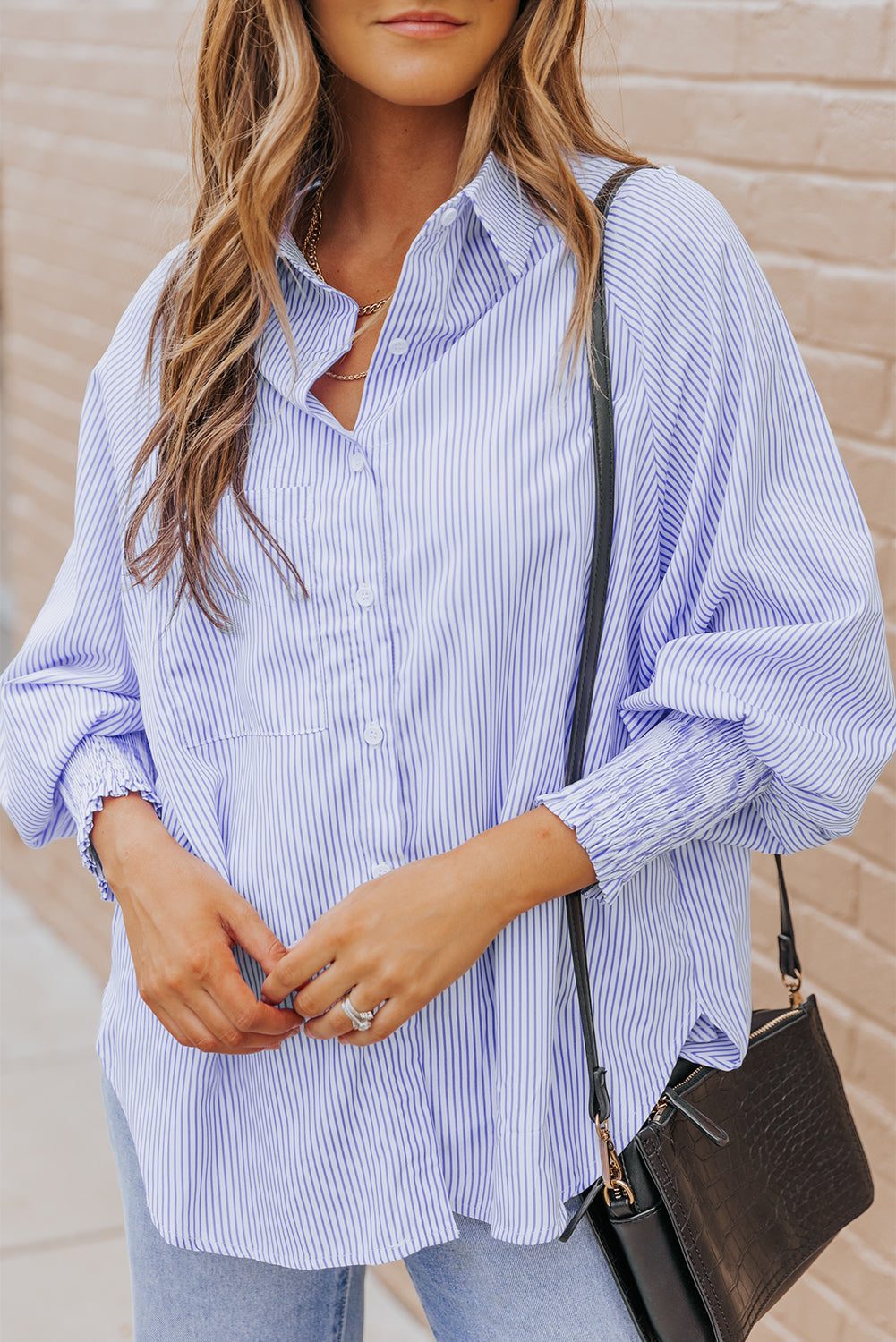 Light Blue Casual Striped Shirred Cuffs Shirt