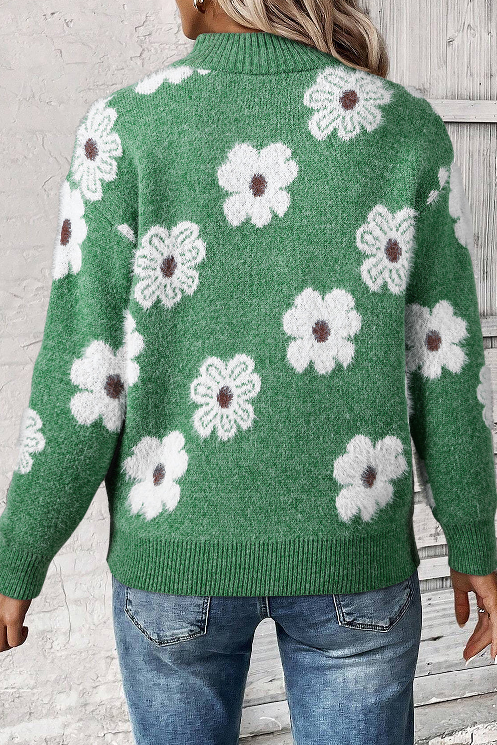 Pull gris vintage à motif floral des années 60 avec col demi-zippé et épaules tombantes