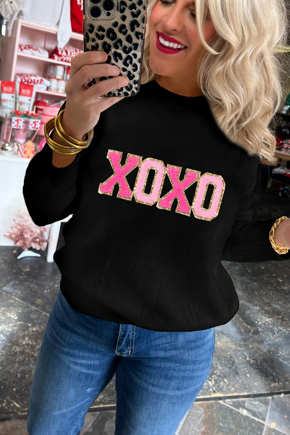 White XOXO Chenille Letter Round Neck Casual Sweater