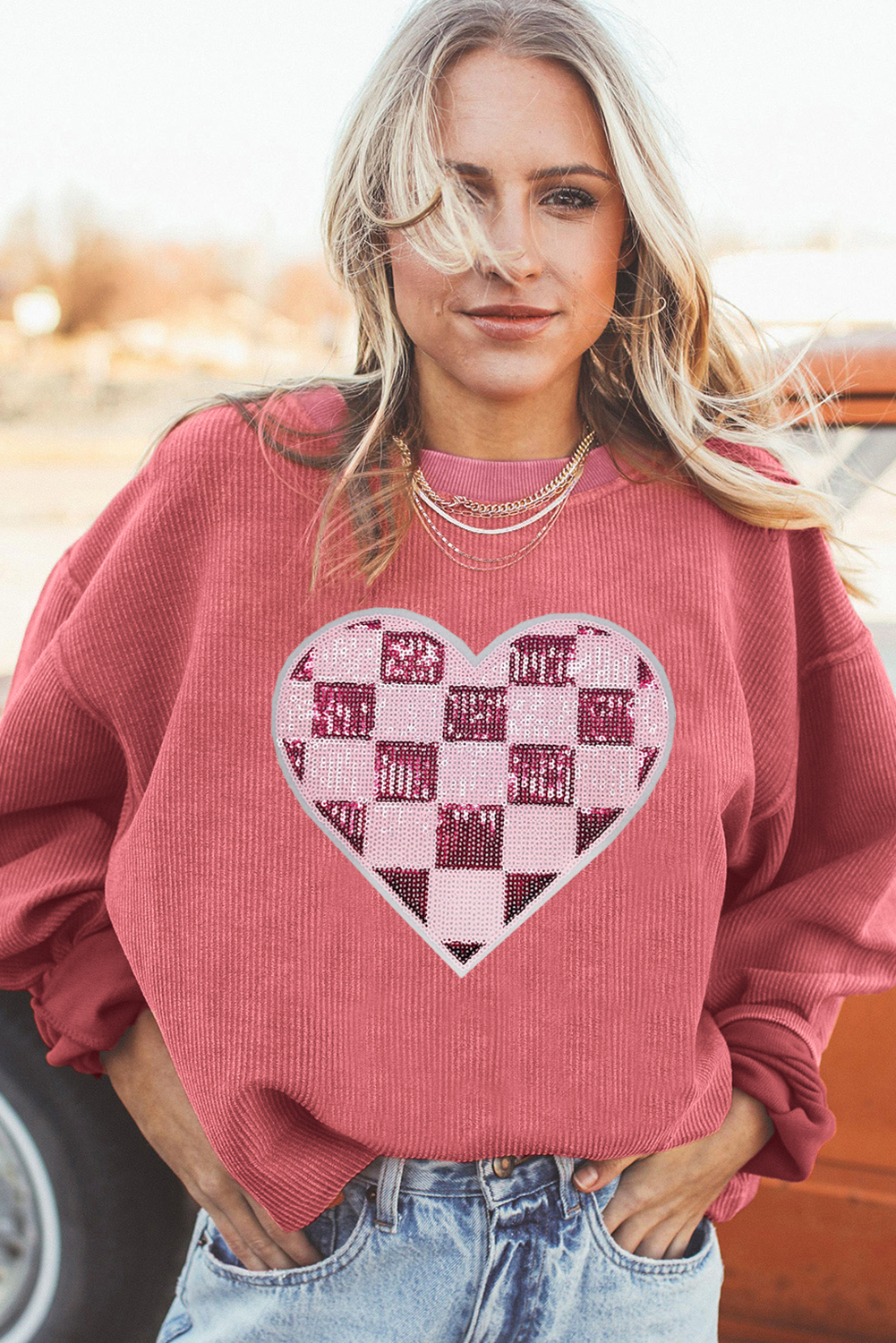 Strawberry Pink Checkered Heart Graphic Ribbed Valentines Sweatshirt