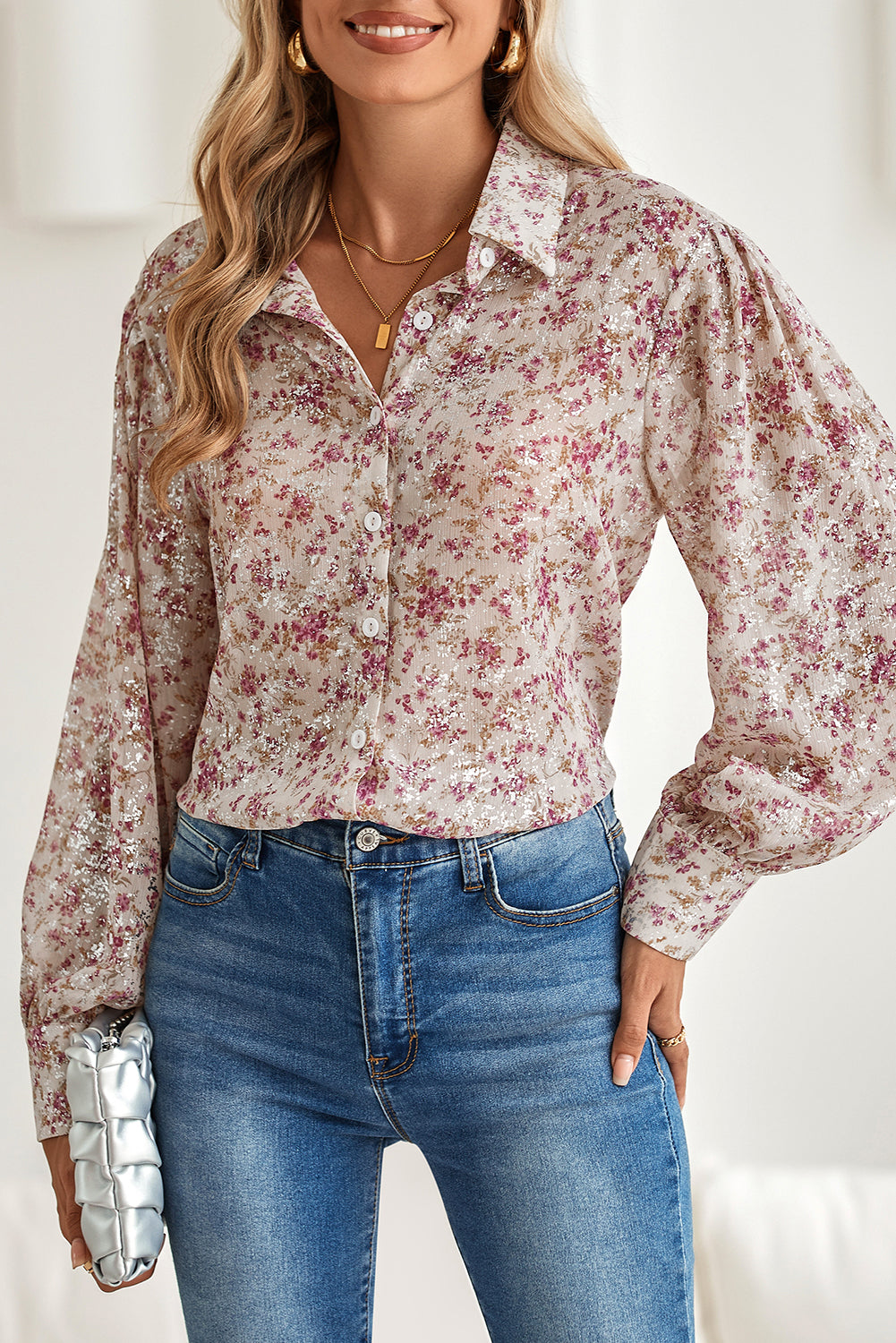 Pink Ditsy Floral Print Bishop Sleeve Collared V Neck Shirt