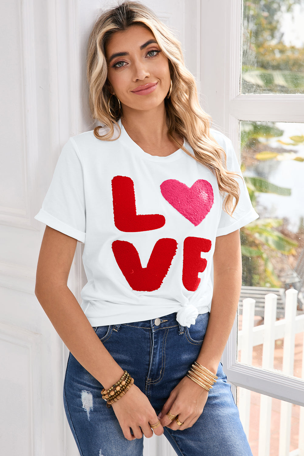 White Heart LOVE Graphic Valentines Crewneck Tee