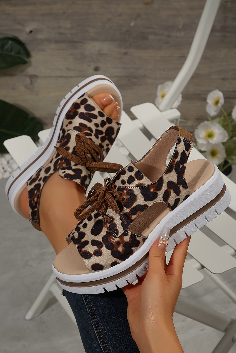 Parchment Leopard Print Hollow Out Lace-up Wedge Sandals