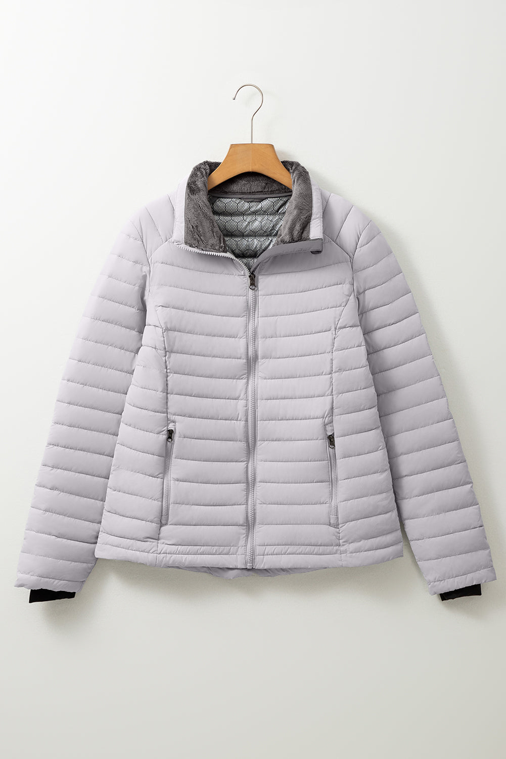 Silvery Solid Color Quilted Zip-up Puffer Jacket