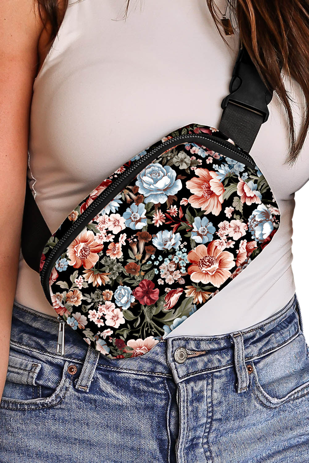 Black Floral Zipper Crossbody Bag