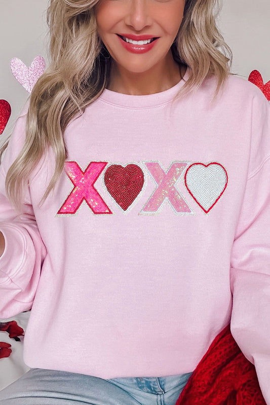 Pink Sequin Heart XOXO Graphic Drop Shoulder Valentines Sweatshirt