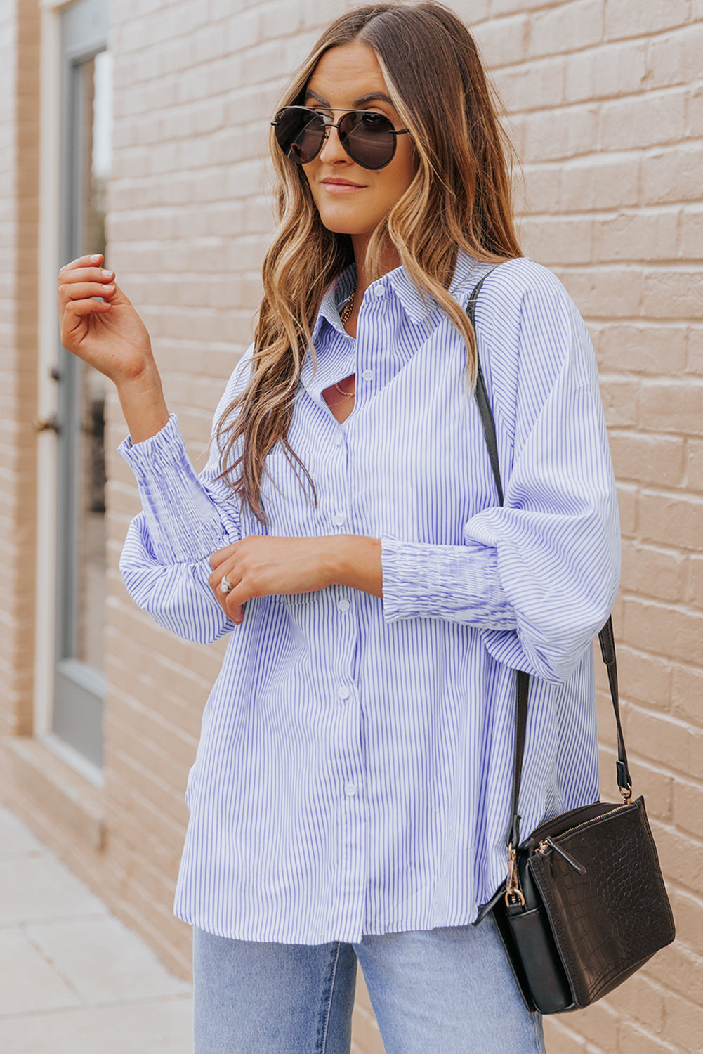 Light Blue Casual Striped Shirred Cuffs Shirt