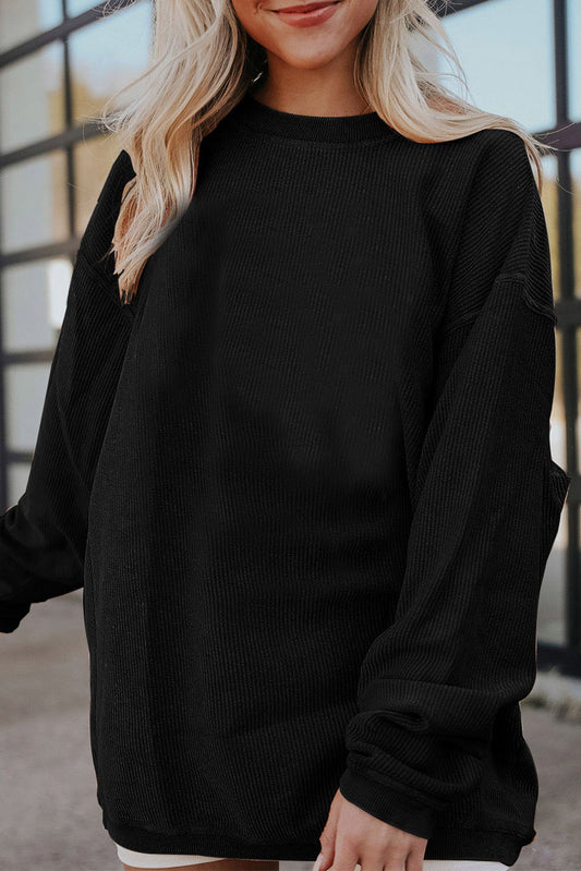 Black Solid Color Crinkle Rib Oversized Sweatshirt