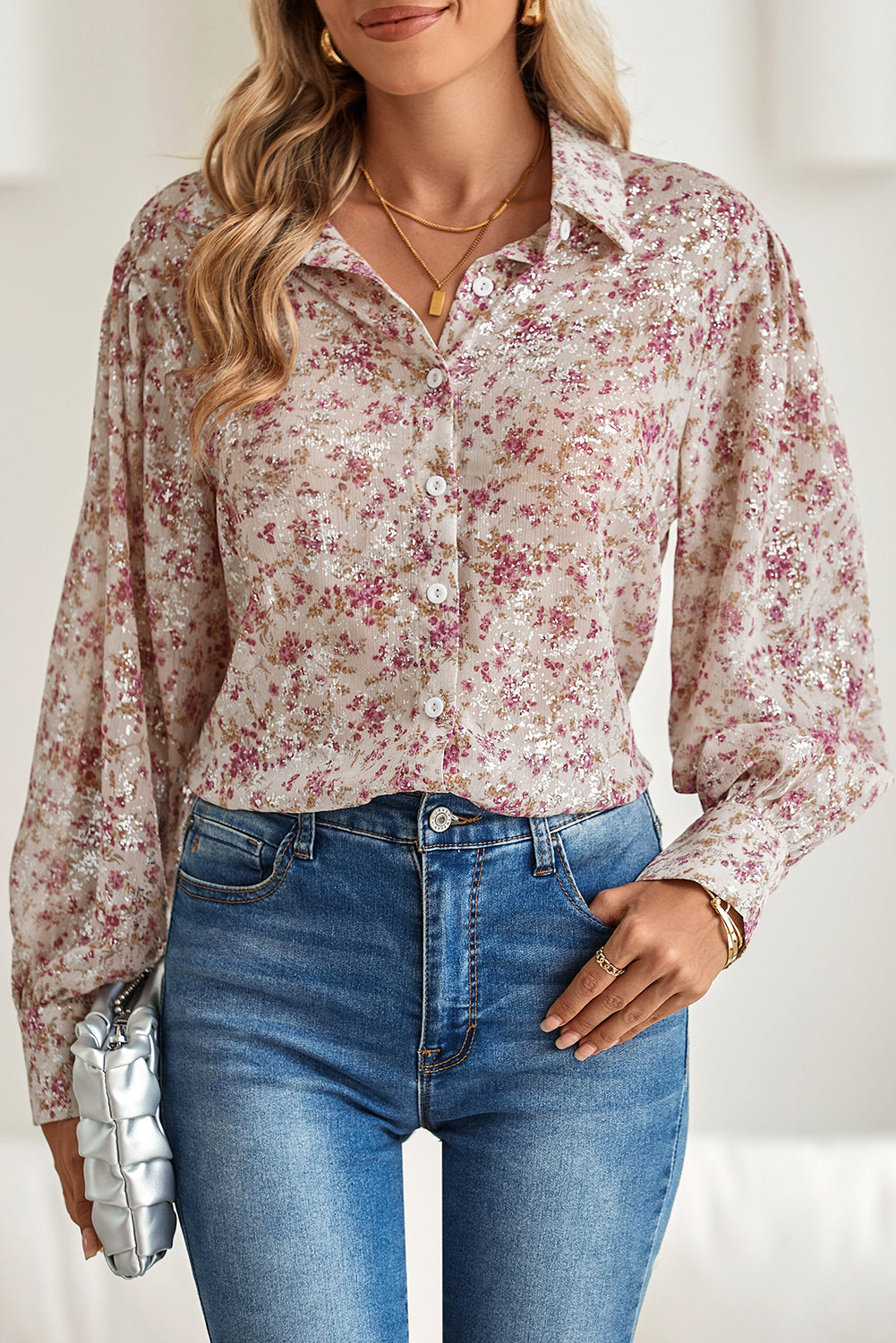 Pink Ditsy Floral Print Bishop Sleeve Collared V Neck Shirt