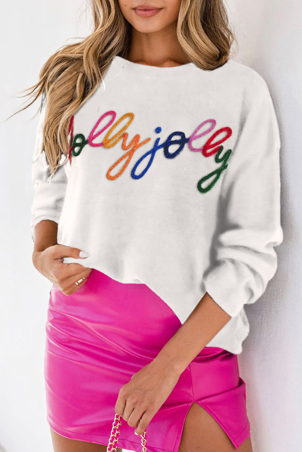 White XOXO Chenille Letter Round Neck Casual Sweater