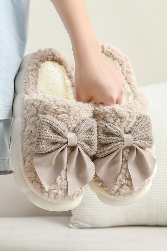 Camel Contrast Bowknot Applique Plush Winter Slippers