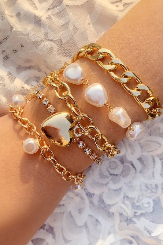 Gold 5Pcs Pearl Heart Diamond Bracelet Set