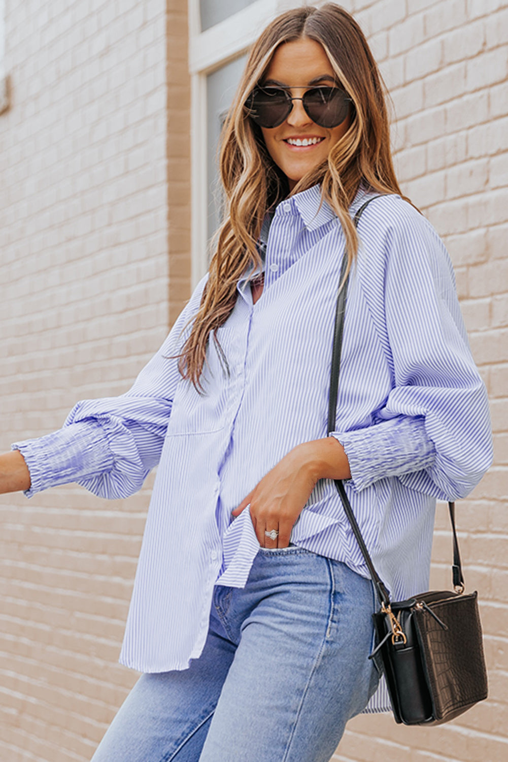 Light Blue Casual Striped Shirred Cuffs Shirt