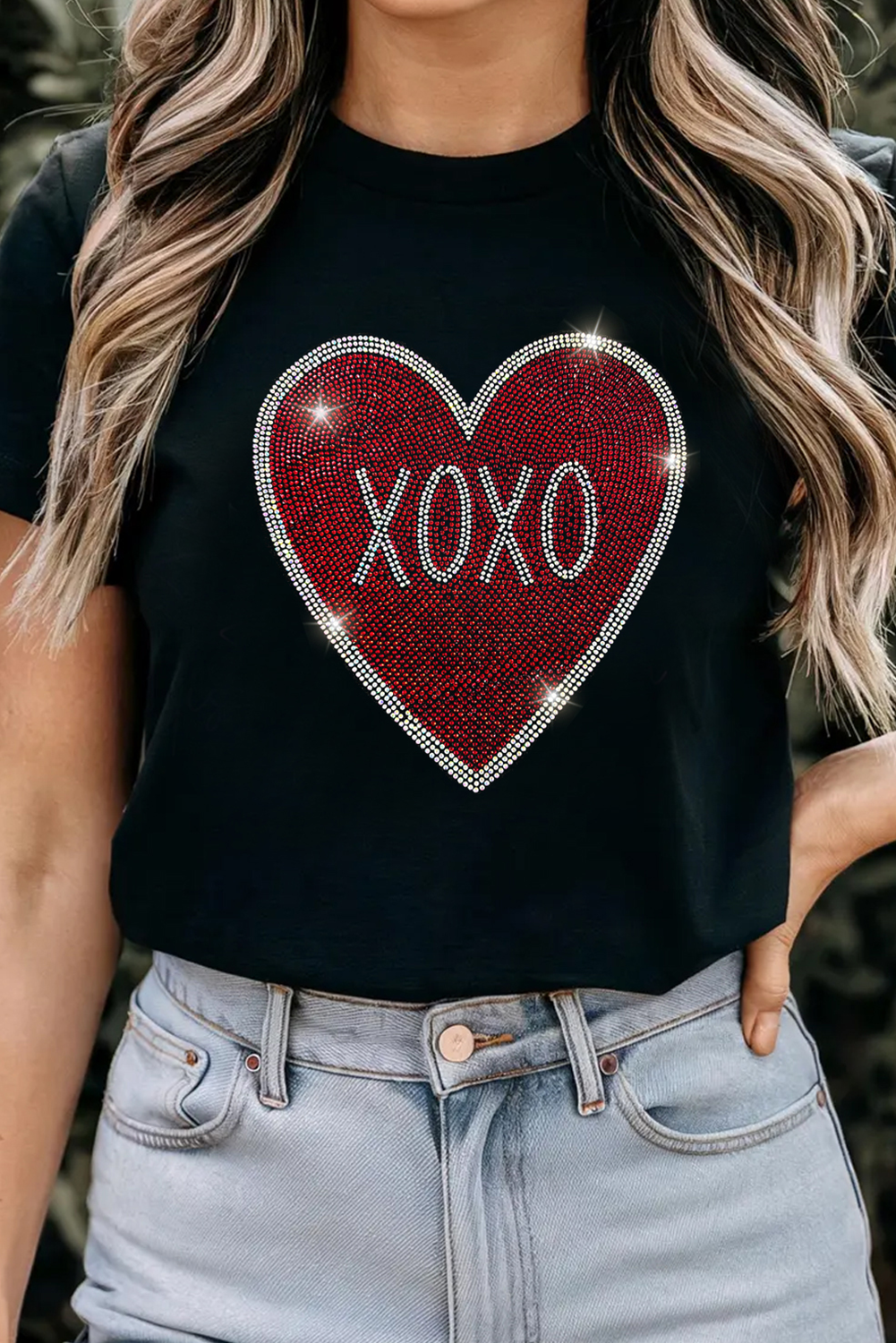 Black Rhinestone XOXO Heart Graphic Crewneck Tee