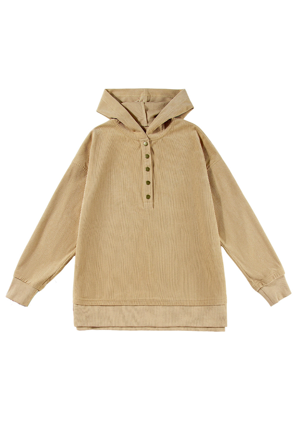 Simply Taupe Solid Ribbed Knit Buttoned Drop Shoulder Oversized Hoodie