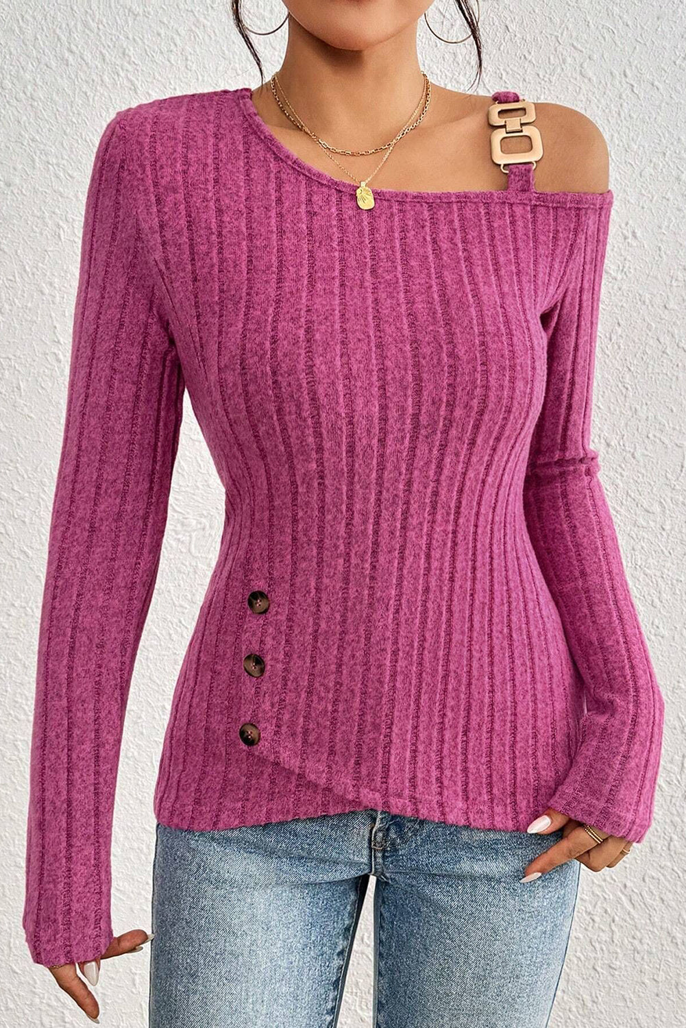 Bright Pink Solid Color Off Shoulder Asymmetrical Hem Long Sleeve Top