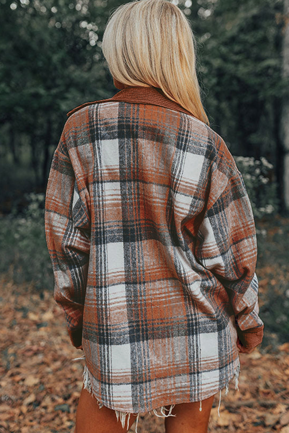 Light Pink Plaid Corduroy Patchwork Pocket Loose Shacket