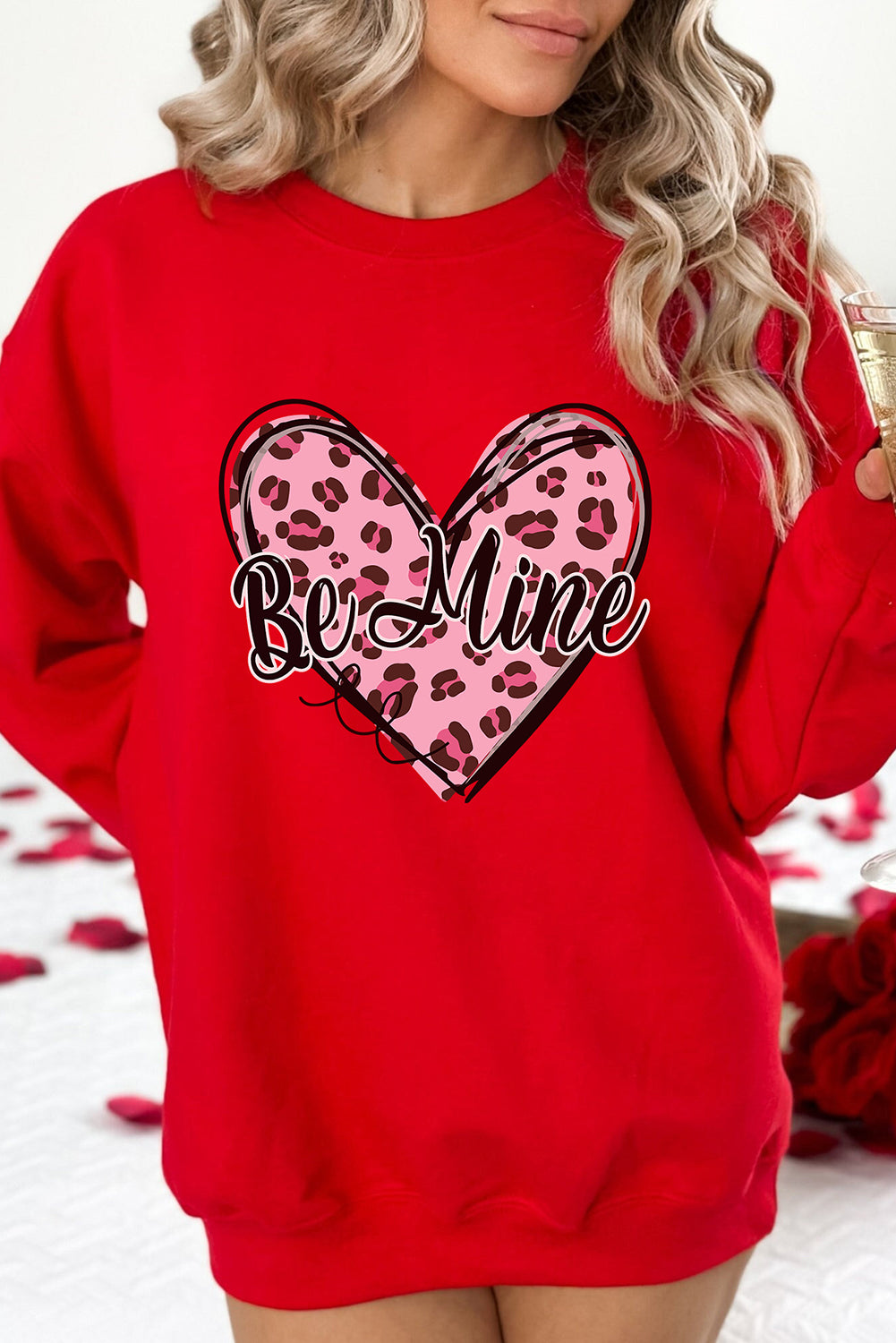 Red Be Mine Leopard Heart Printed Valentines Sweatshirt