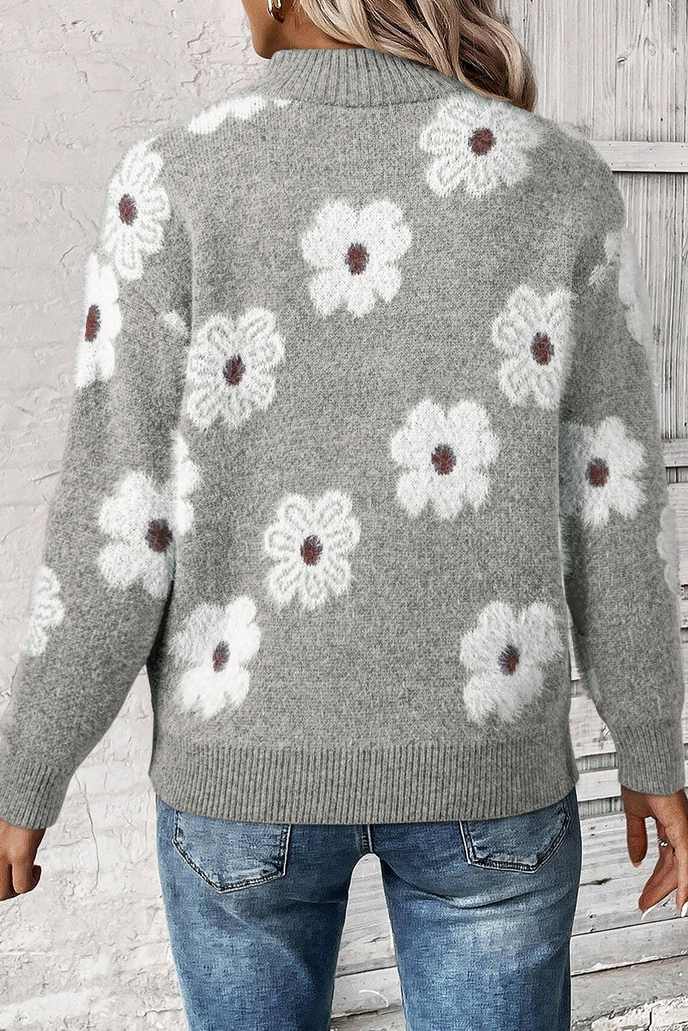 Pull gris vintage à motif floral des années 60 avec col demi-zippé et épaules tombantes