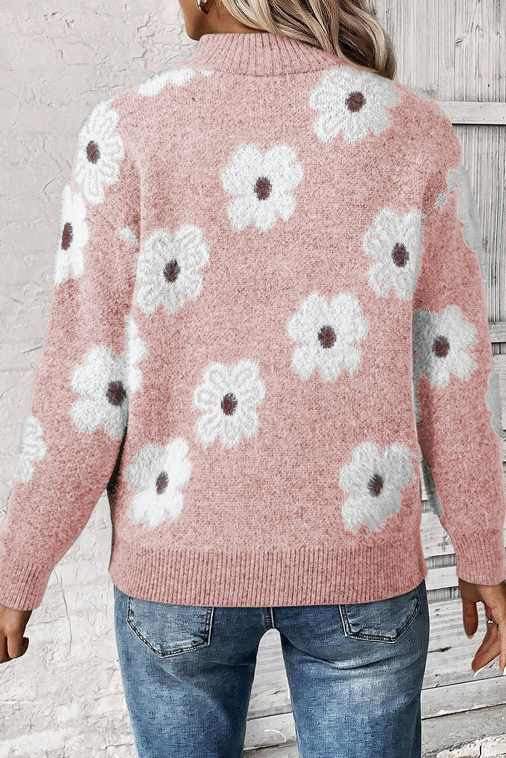 Pull gris vintage à motif floral des années 60 avec col demi-zippé et épaules tombantes