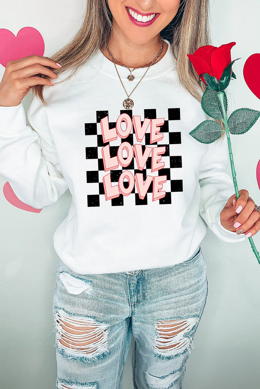 White Checkerboard LOVE Print Graphic Valentines Sweatshirt