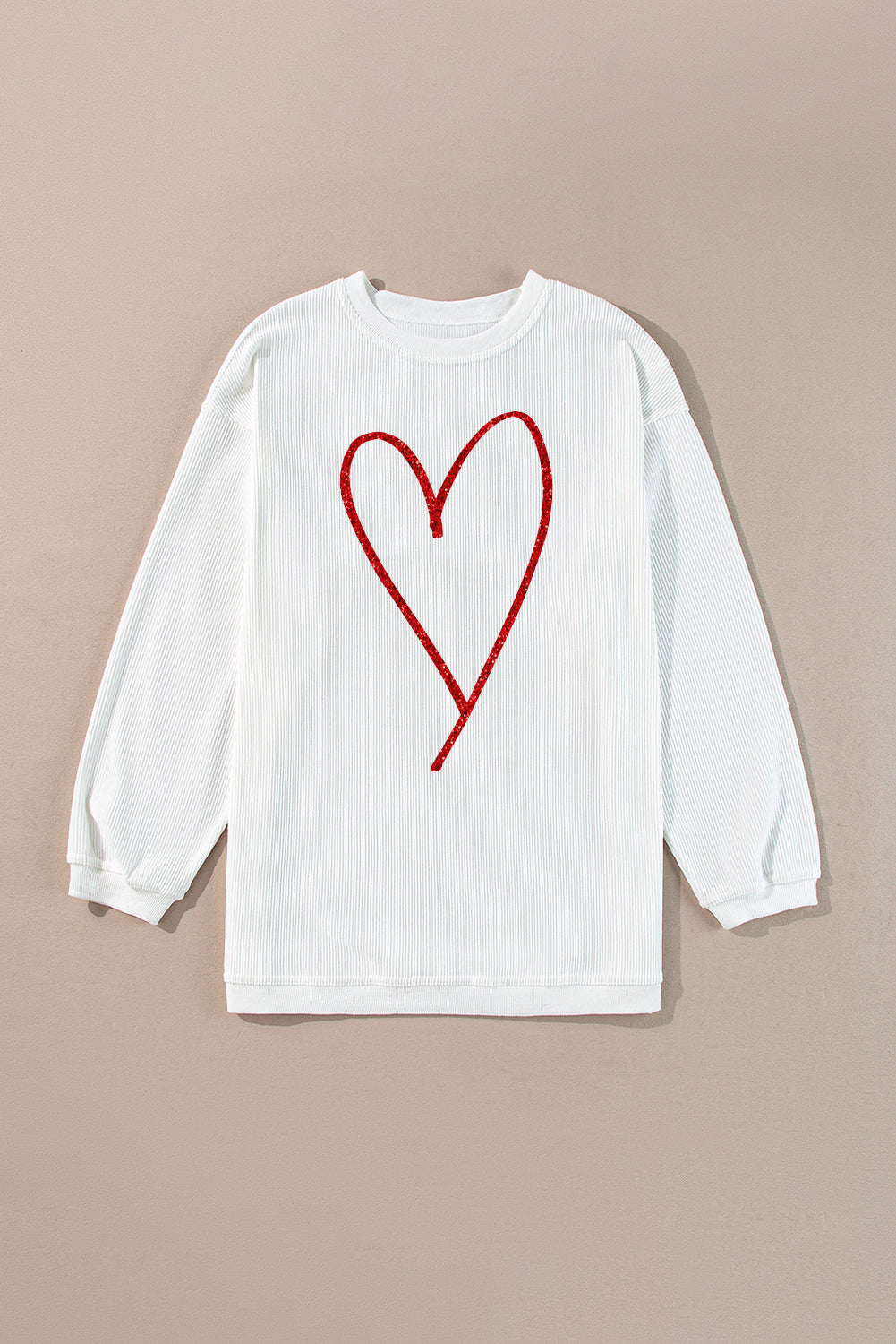 White Glitter Heart Print Corded Graphic Pullover Sweatshirt