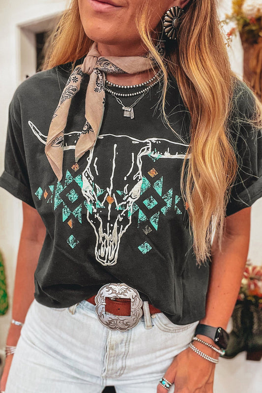 Carbon Grey Vintage Bull Head Skull Turquoise Geometric Graphic T Shirt